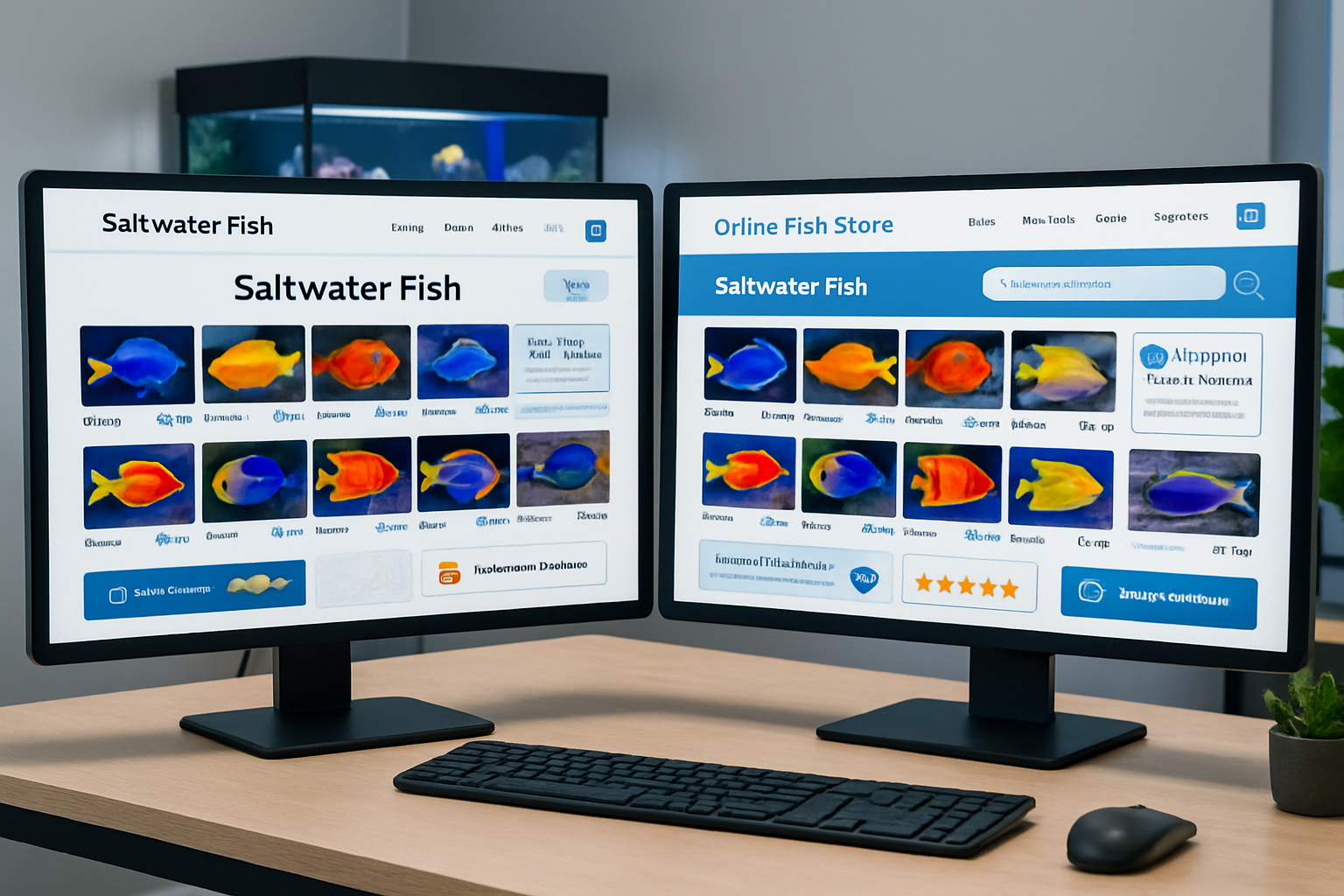 Detailed landscape image (1536x1024) showing split-screen comparison of multiple online saltwater fish store websites on computer monitors,