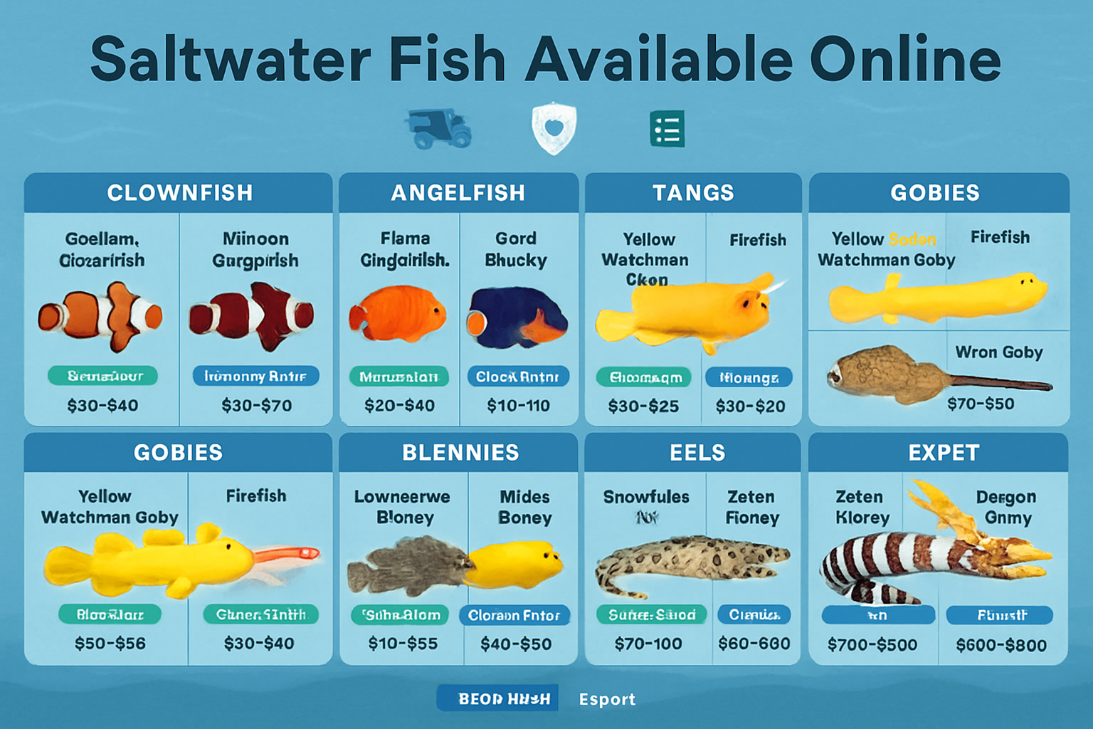 Comprehensive landscape infographic (1536x1024) displaying various categories of saltwater fish available online including clownfish, angelf