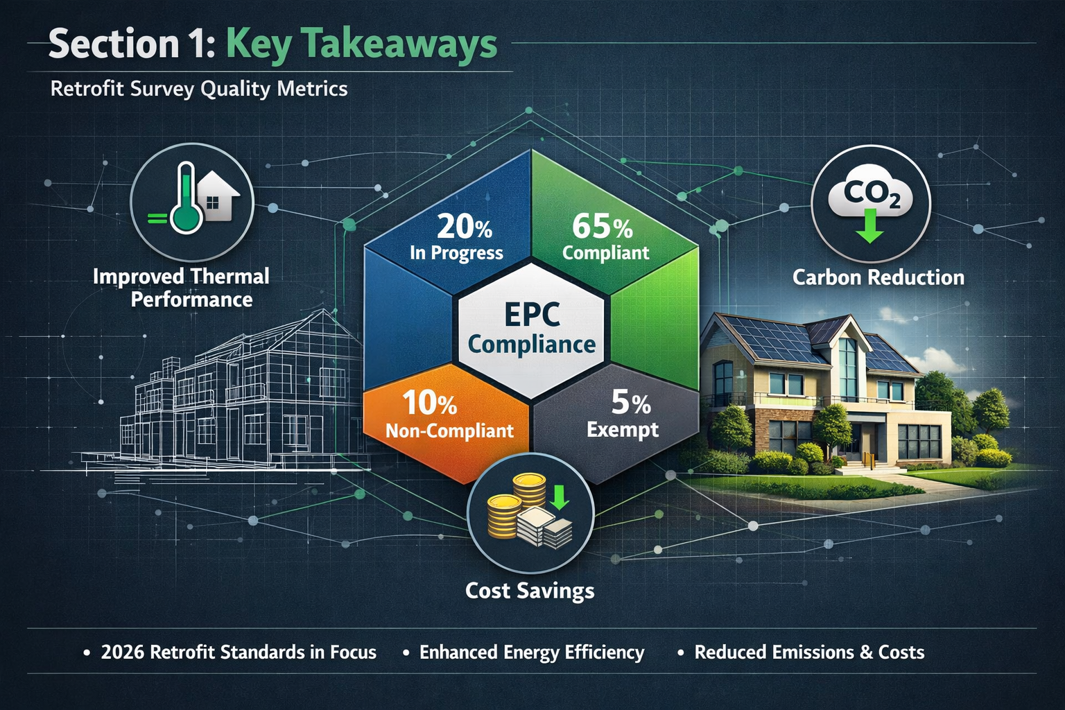 Section 1: Key Takeaways - Landscape editorial infographic visualizing retrofit survey quality metrics, featuring a dynamic hexagonal data v