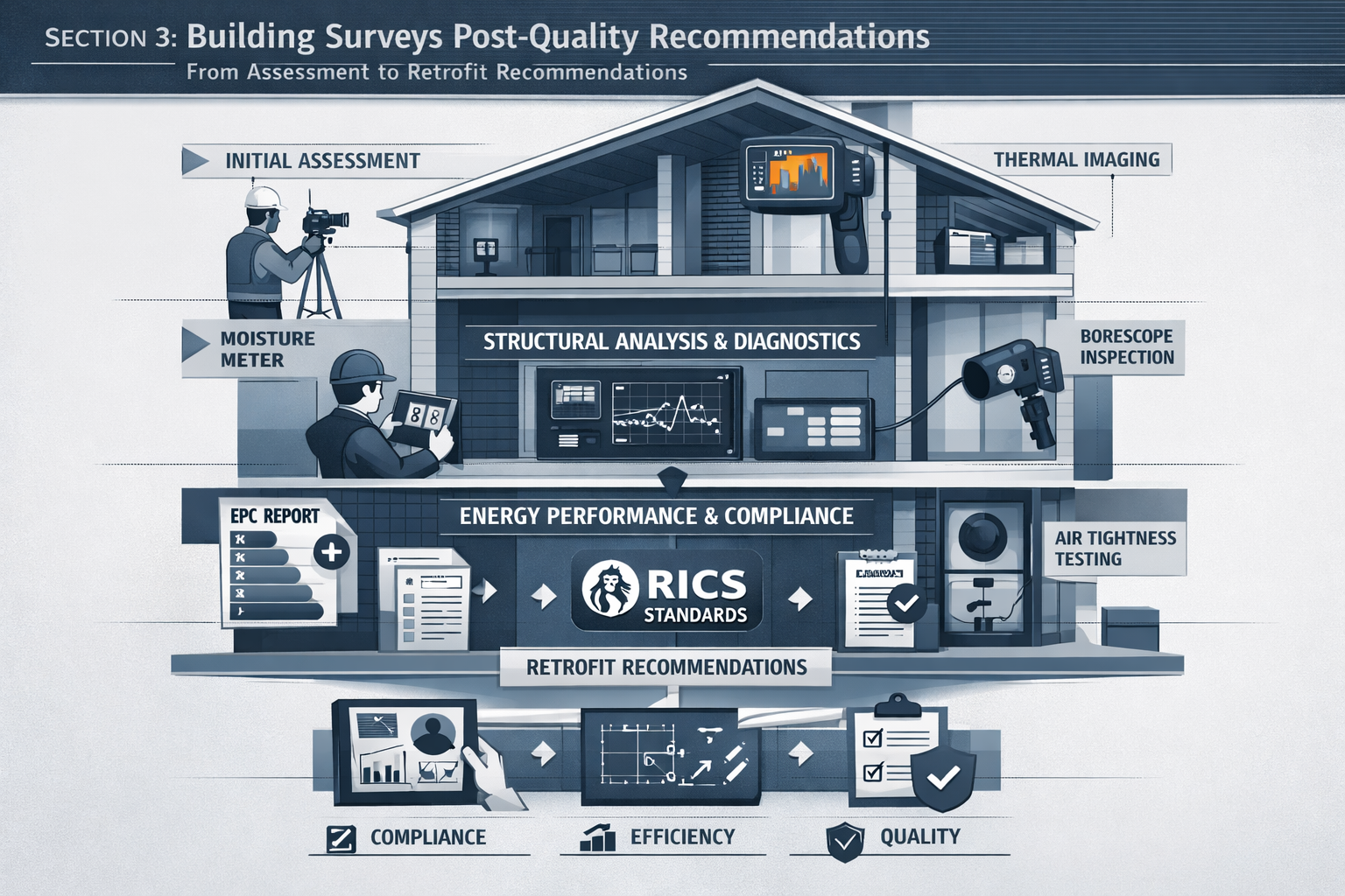 Section 3: Building Surveys Post-Quality Recommendations - Conceptual infographic presenting a multi-layered architectural cross-section, re