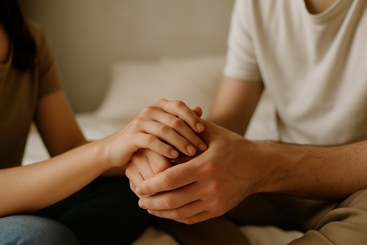Waarom mannen seks nodig hebben: Wat de wetenschap écht zegt over intimiteit en mannelijke gezondheid 3 Warm intimate photograph of couple's hands gently touching, soft natural lighting, close-up composition showing tenderness and connection, n