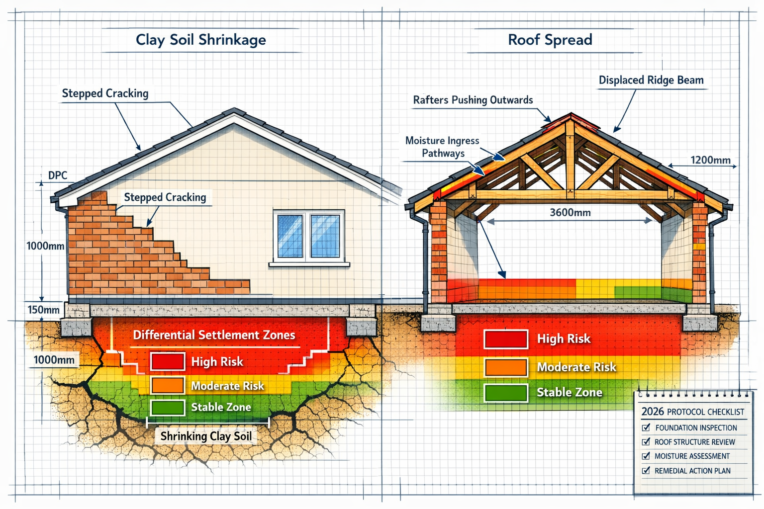 () detailed technical illustration showing cross-section cutaway view of bungalow foundation and roof structure