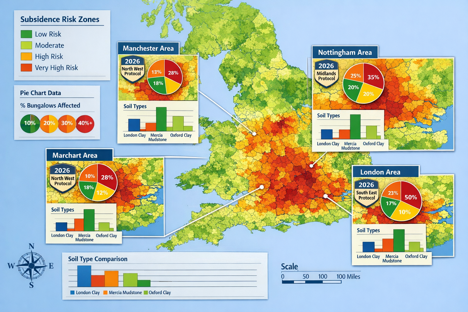 () detailed map of UK regions with color-coded showing subsidence risk zones across different geographical areas, with