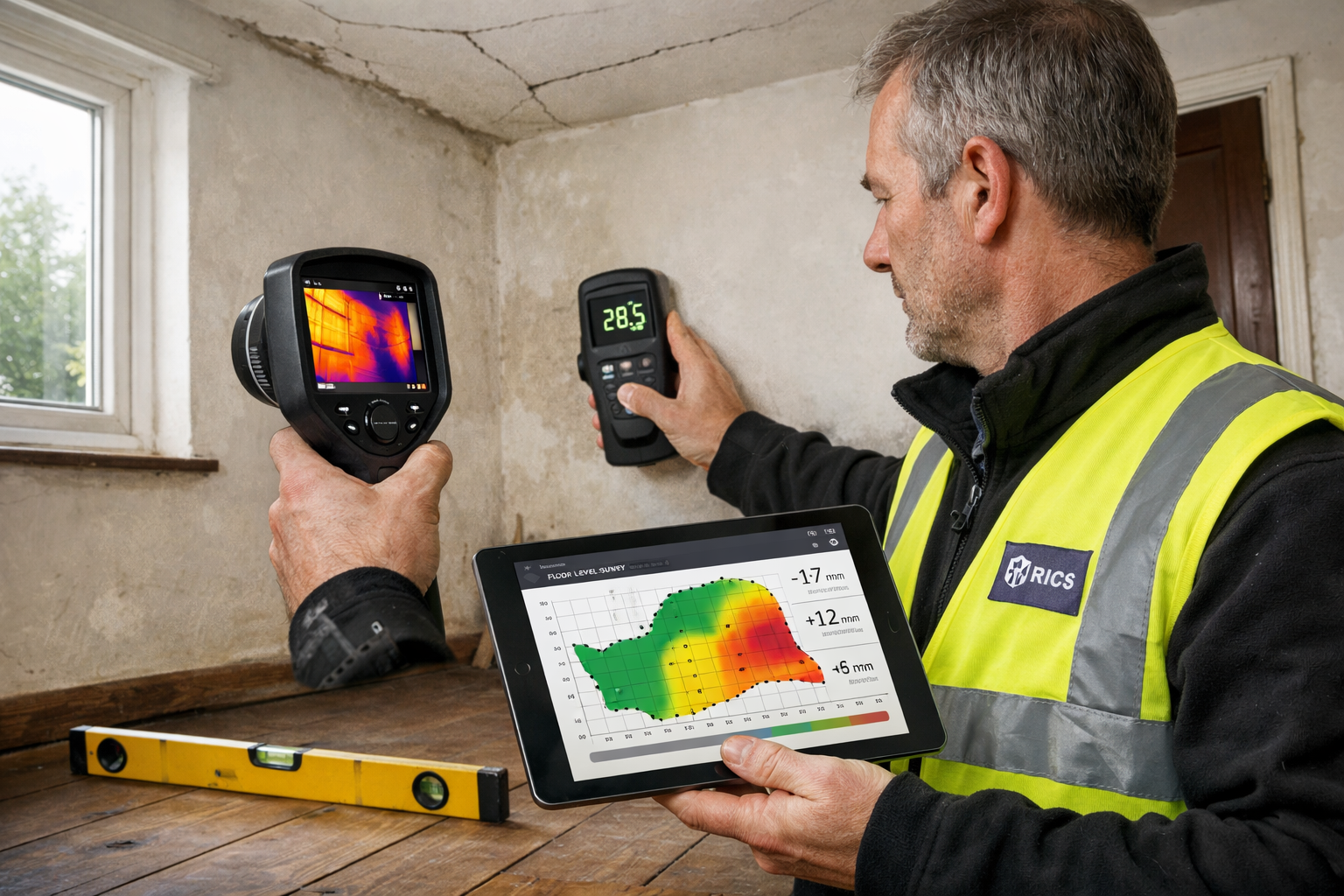 () professional photograph of chartered surveyor conducting Level 3 inspection inside bungalow, using modern digital