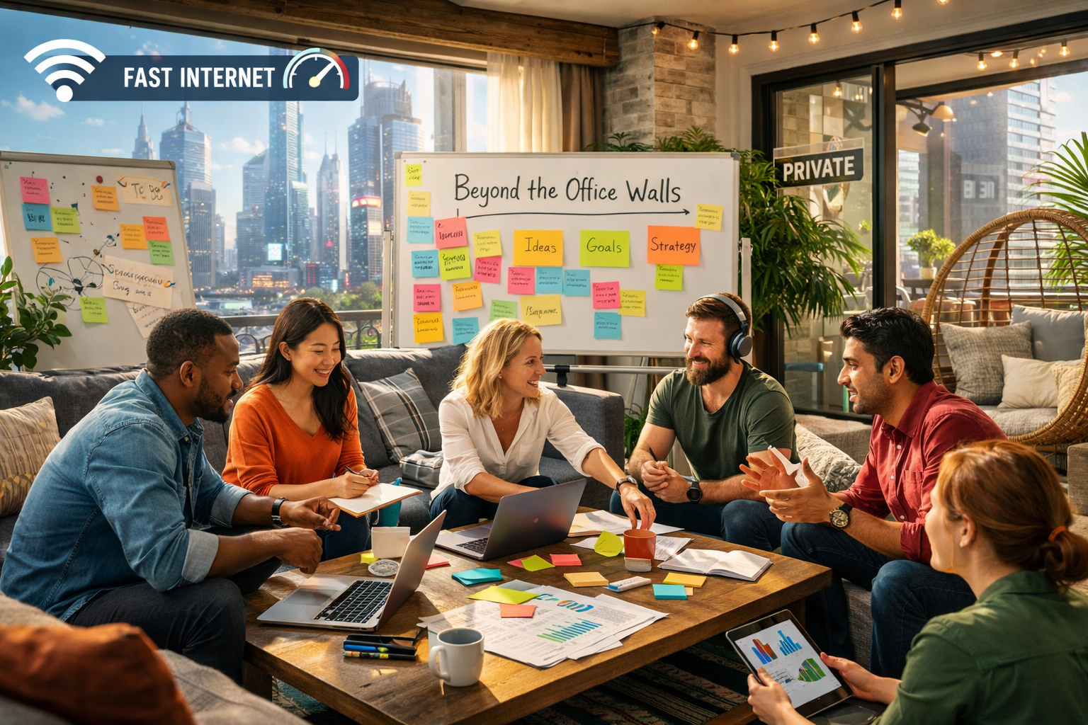 Detailed () image featuring a vibrant team brainstorming session in a stylish, using sticky notes, whiteboards, and laptops.