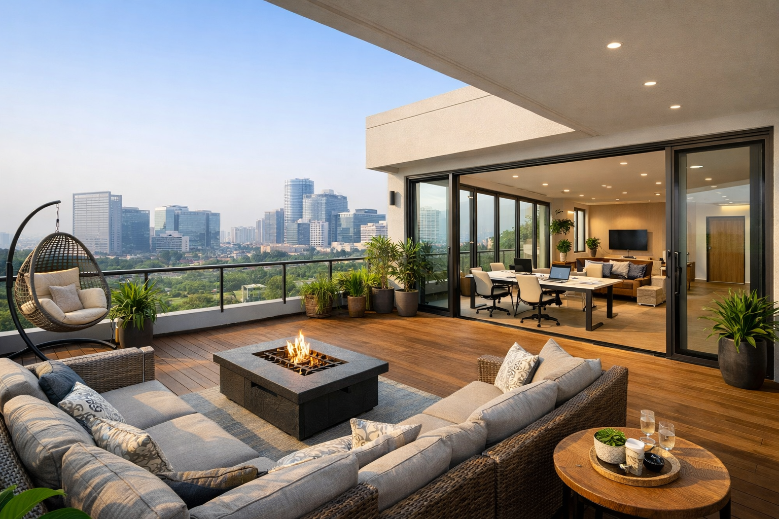 Detailed () image focusing on a spacious, fully automated Airbnb floor with a private terrace in Udyog Vihar. The terrace