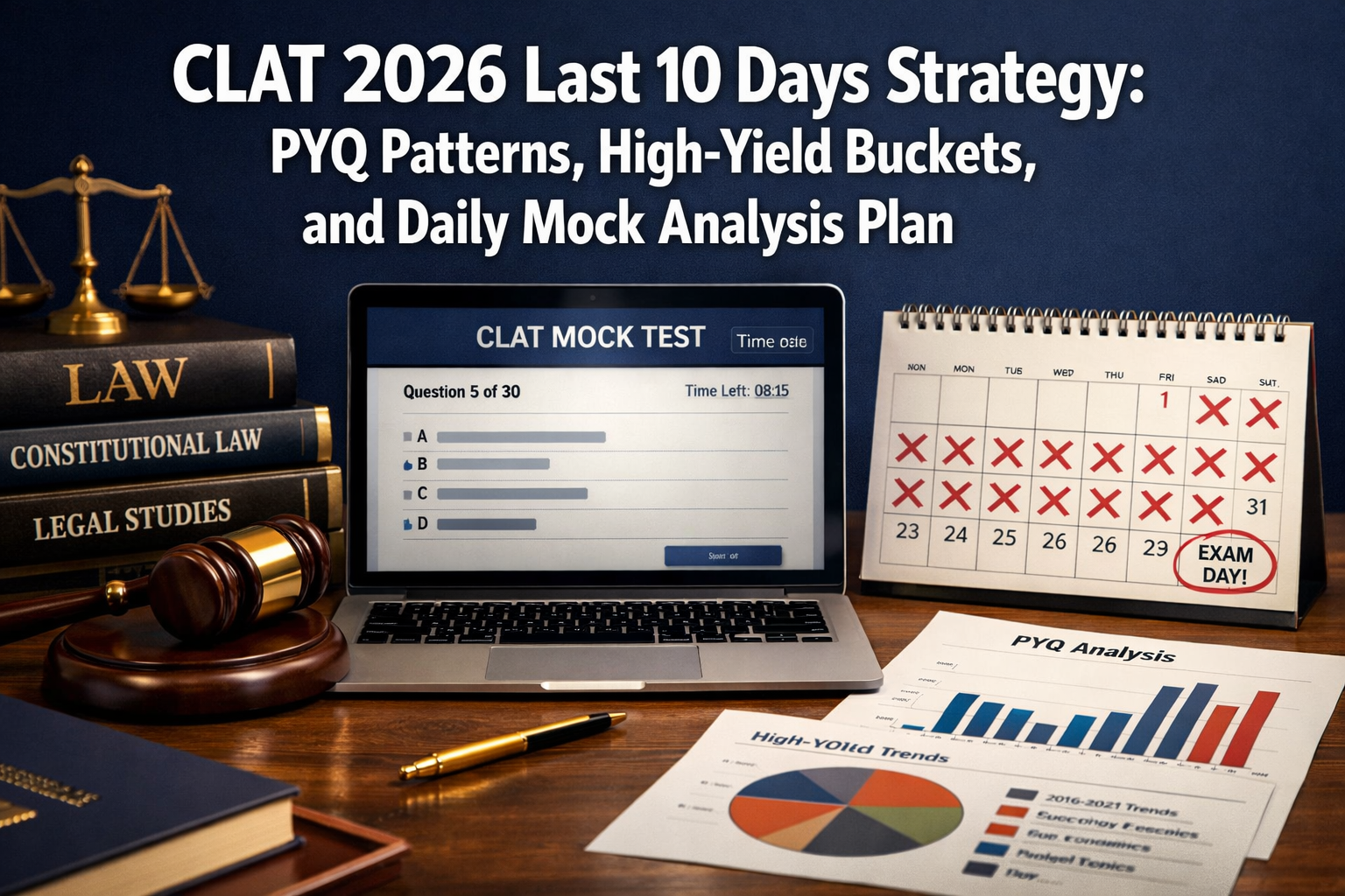 Professional landscape format (1536x1024) hero image featuring bold text overlay 'CLAT 2026 Last 10 Days Strategy: PYQ Patterns, High-Yield