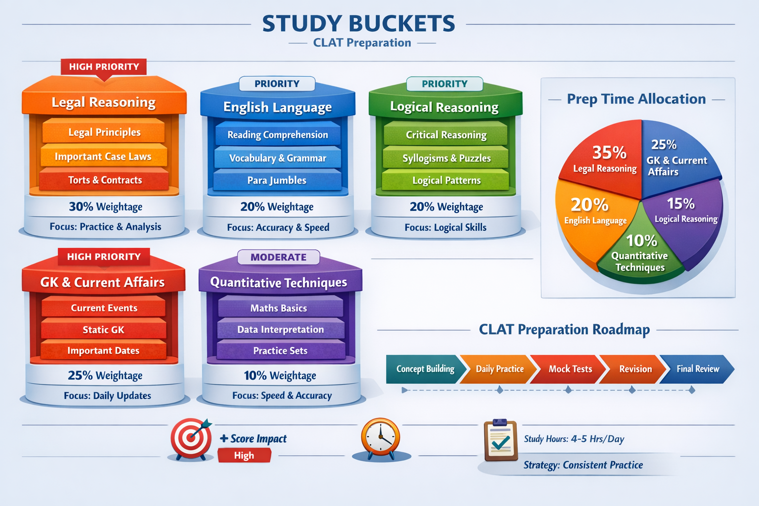 Detailed landscape format (1536x1024) visual showing organized study buckets with color-coded sections for each CLAT subject area. Display h
