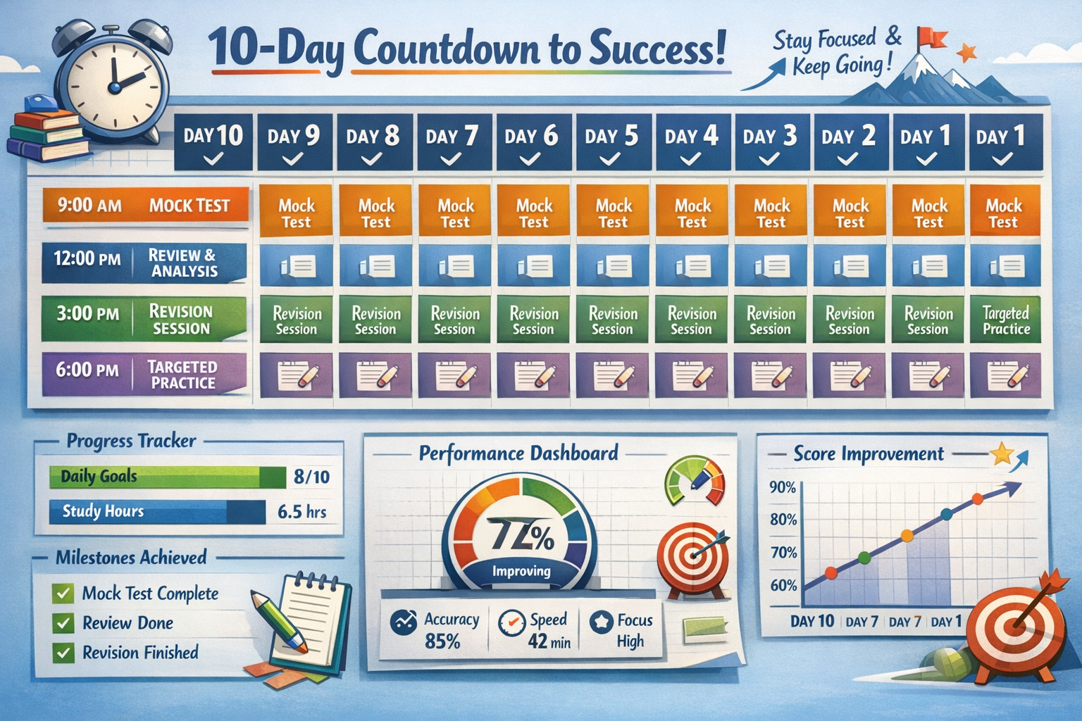 Comprehensive landscape format (1536x1024) daily schedule visualization showing 10-day countdown calendar with detailed time blocks for mock