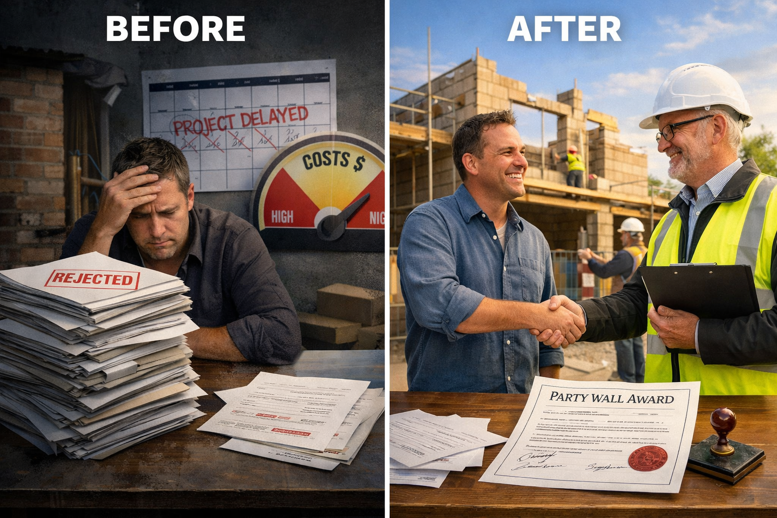 () split-screen comparison image showing 'Before' and 'After' scenarios of party wall dispute resolution. Left side shows