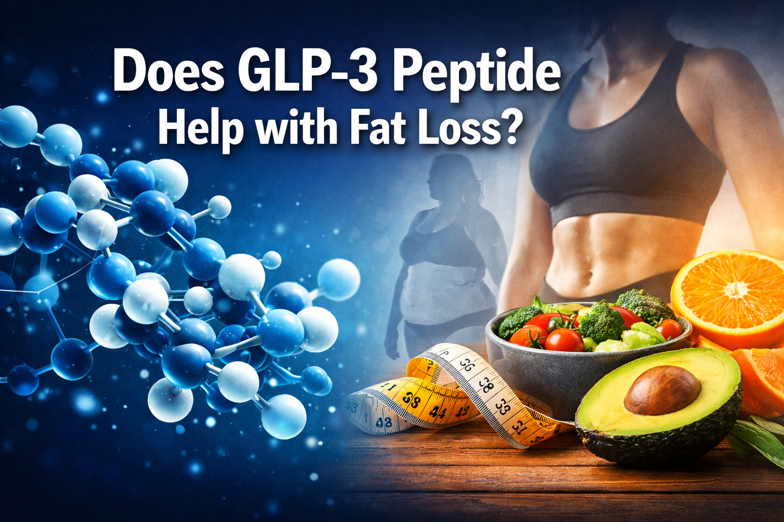 Professional landscape format (1536x1024) hero image featuring bold text overlay 'Does GLP-3 Peptide Help with Fat Loss?' in extra large 72p