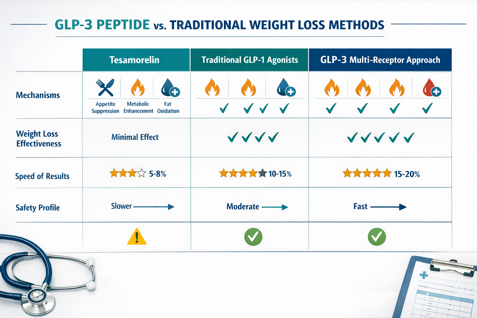 Landscape format (1536x1024) educational comparison table showing GLP-3 peptide versus traditional weight loss methods and other peptide the