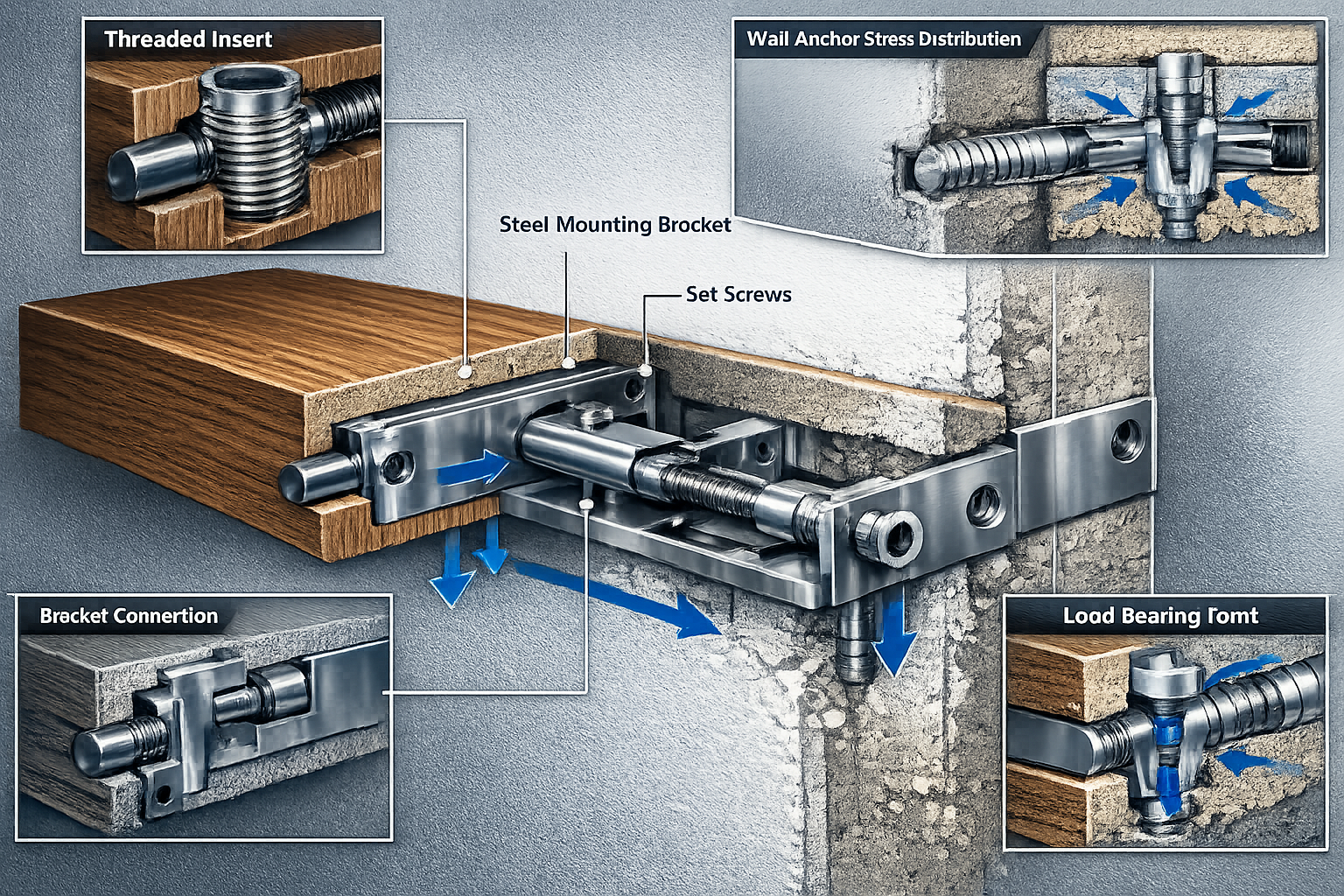 Detailed technical cutaway illustration demonstrating advanced floating shelf fastening systems, landscape format (1536x1024). Exploded view