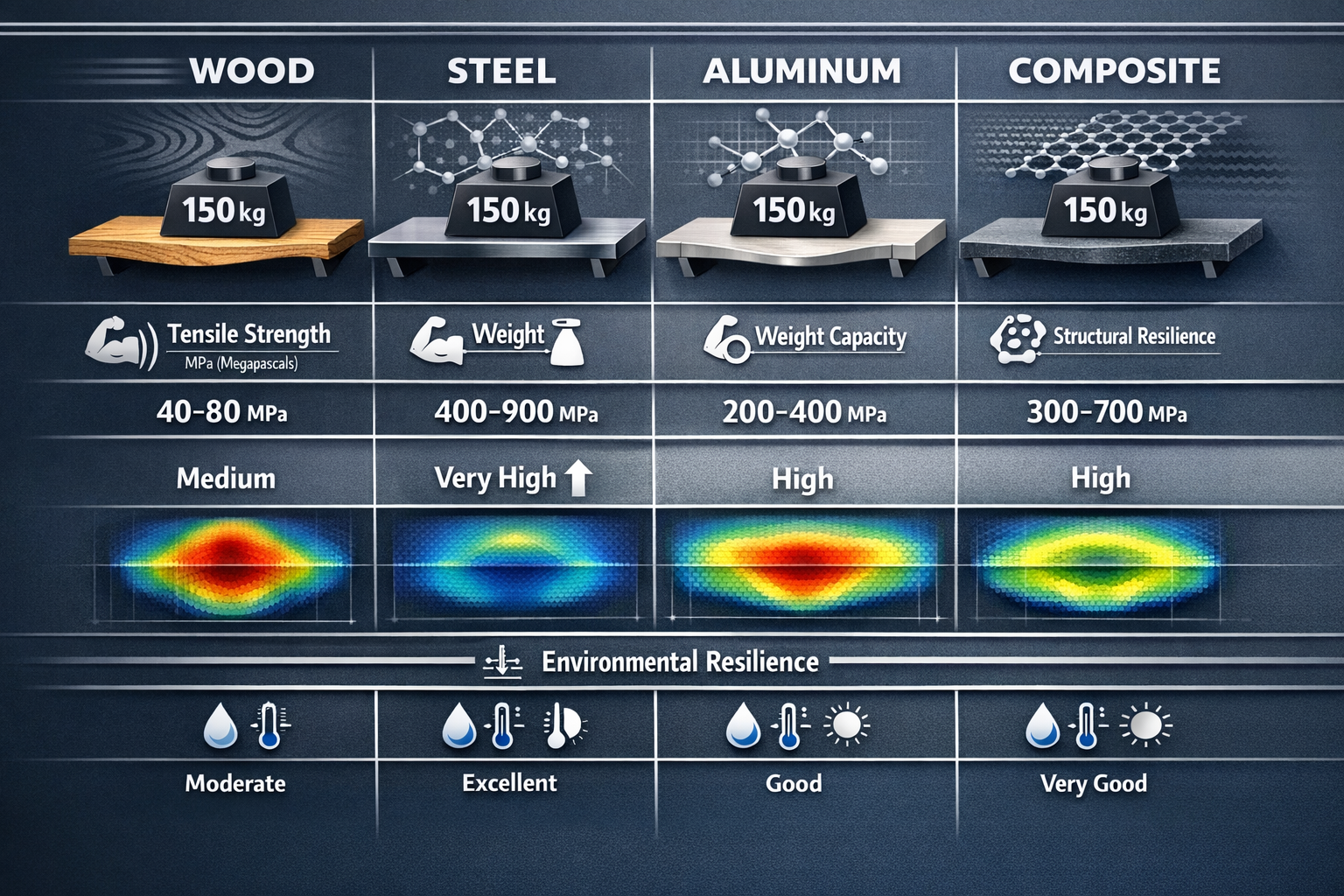 Comprehensive material science comparison visualization for floating shelf load-bearing design, landscape orientation (1536x1024). Side-by-s