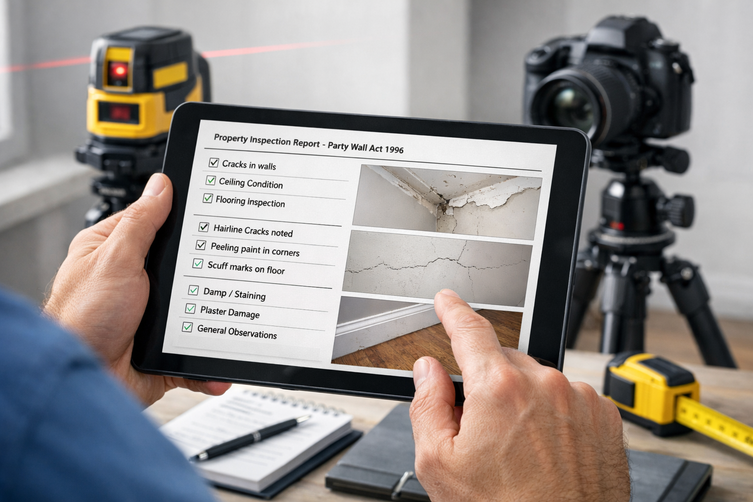 Detailed () image showing professional surveyor conducting comprehensive property inspection with modern digital equipment.