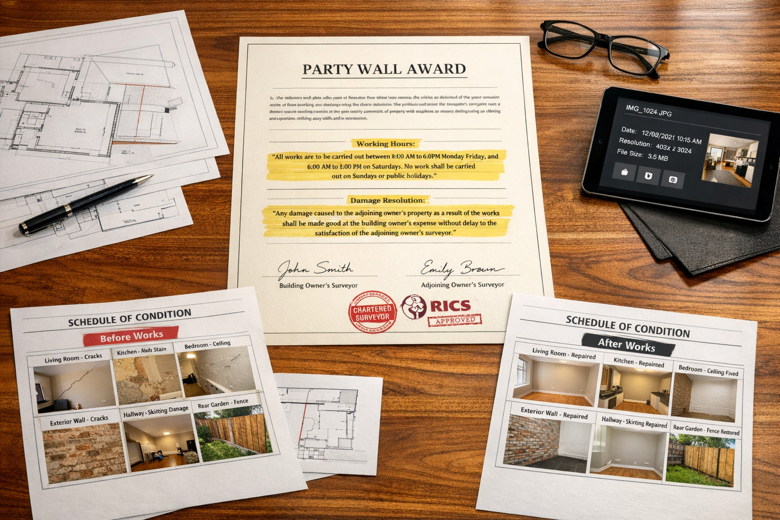 Wide-angle () image depicting formal party wall award document on polished wooden table with schedule of condition report