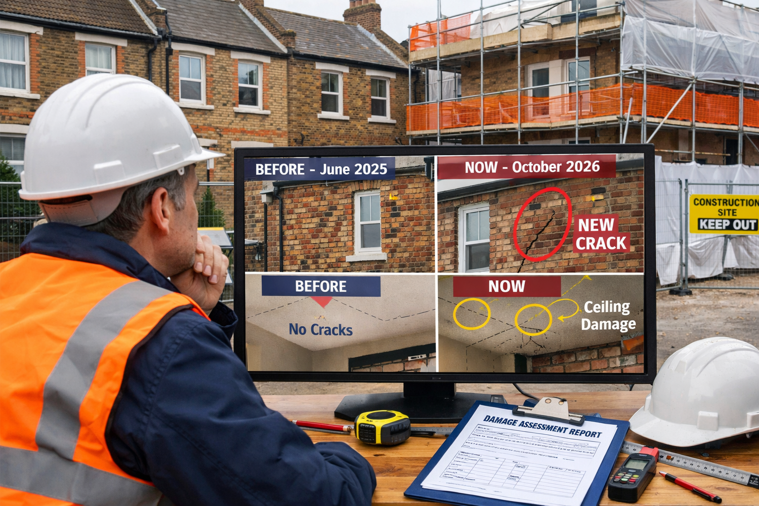 Detailed () image showing construction site boundary with terraced houses, one undergoing renovation with scaffolding and