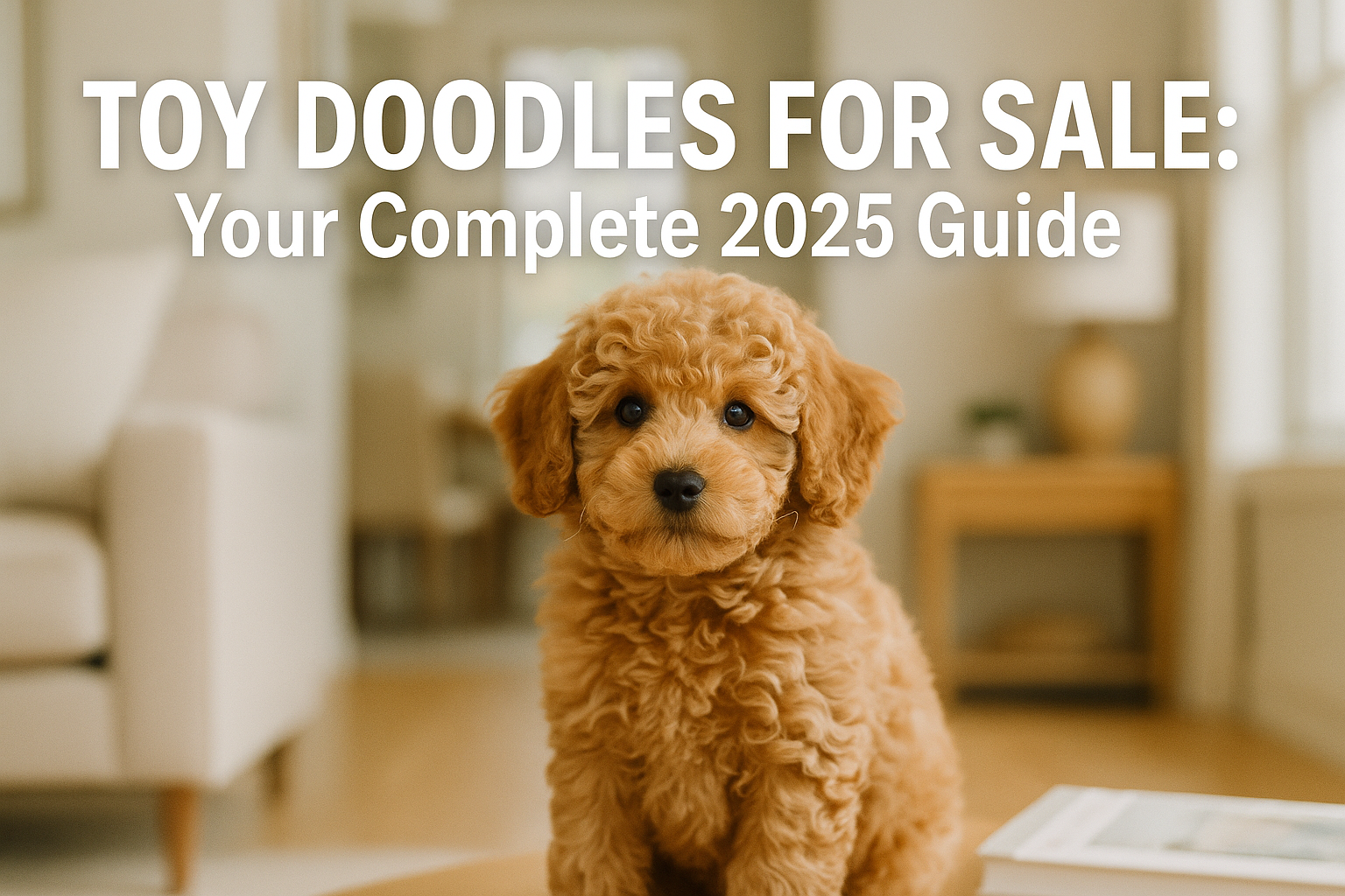 Professional landscape hero image (1536x1024) featuring adorable fluffy Toy Goldendoodle puppy with curly apricot coat sitting in a bright m