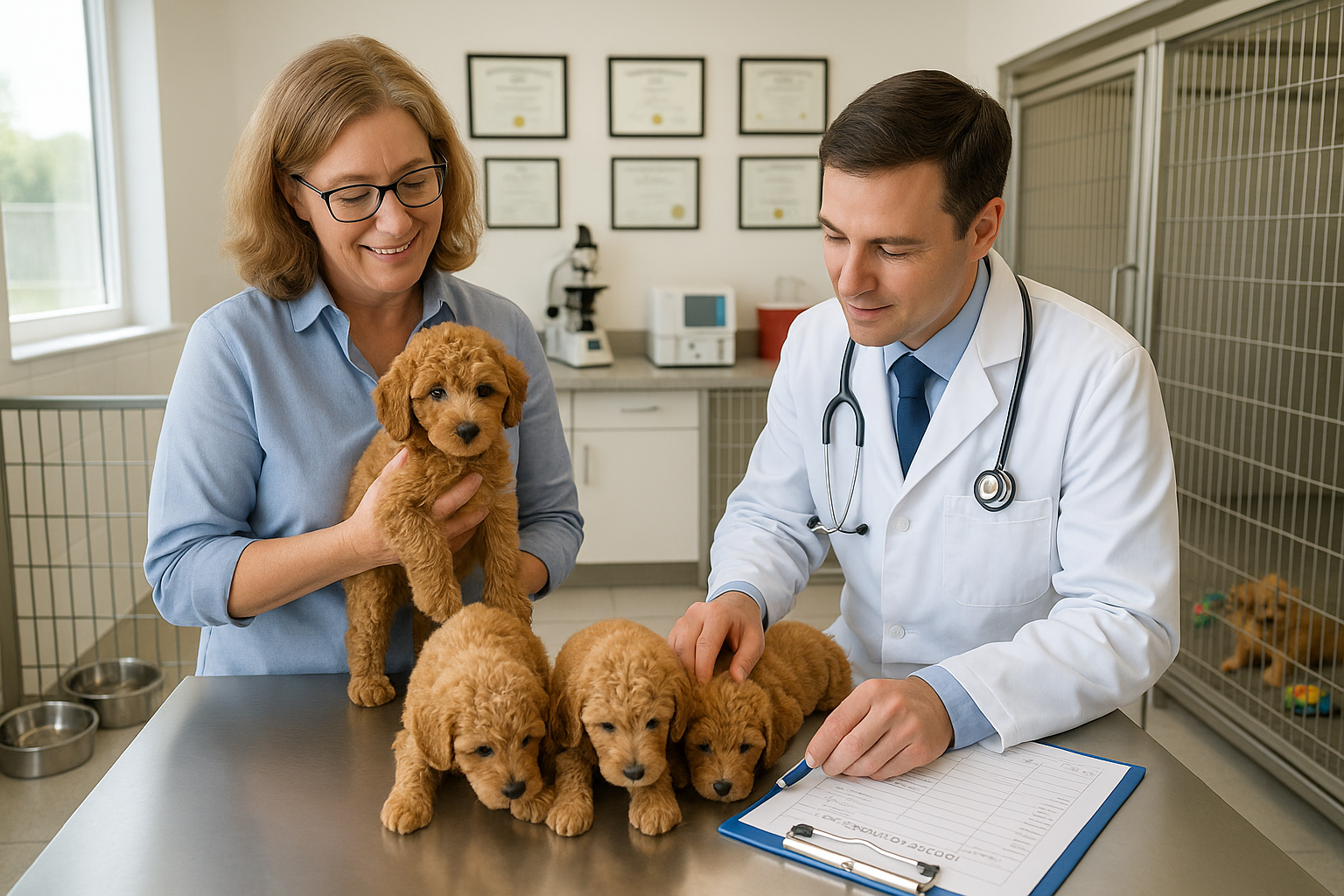 Editorial-quality photograph of reputable Toy Goldendoodle breeder in clean, spacious kennel facility examining healthy curly-coated puppies