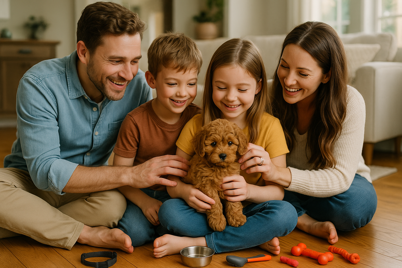 Beautiful lifestyle photograph showing family with children gently playing with tiny Toy Goldendoodle puppy in modern living room, demonstra