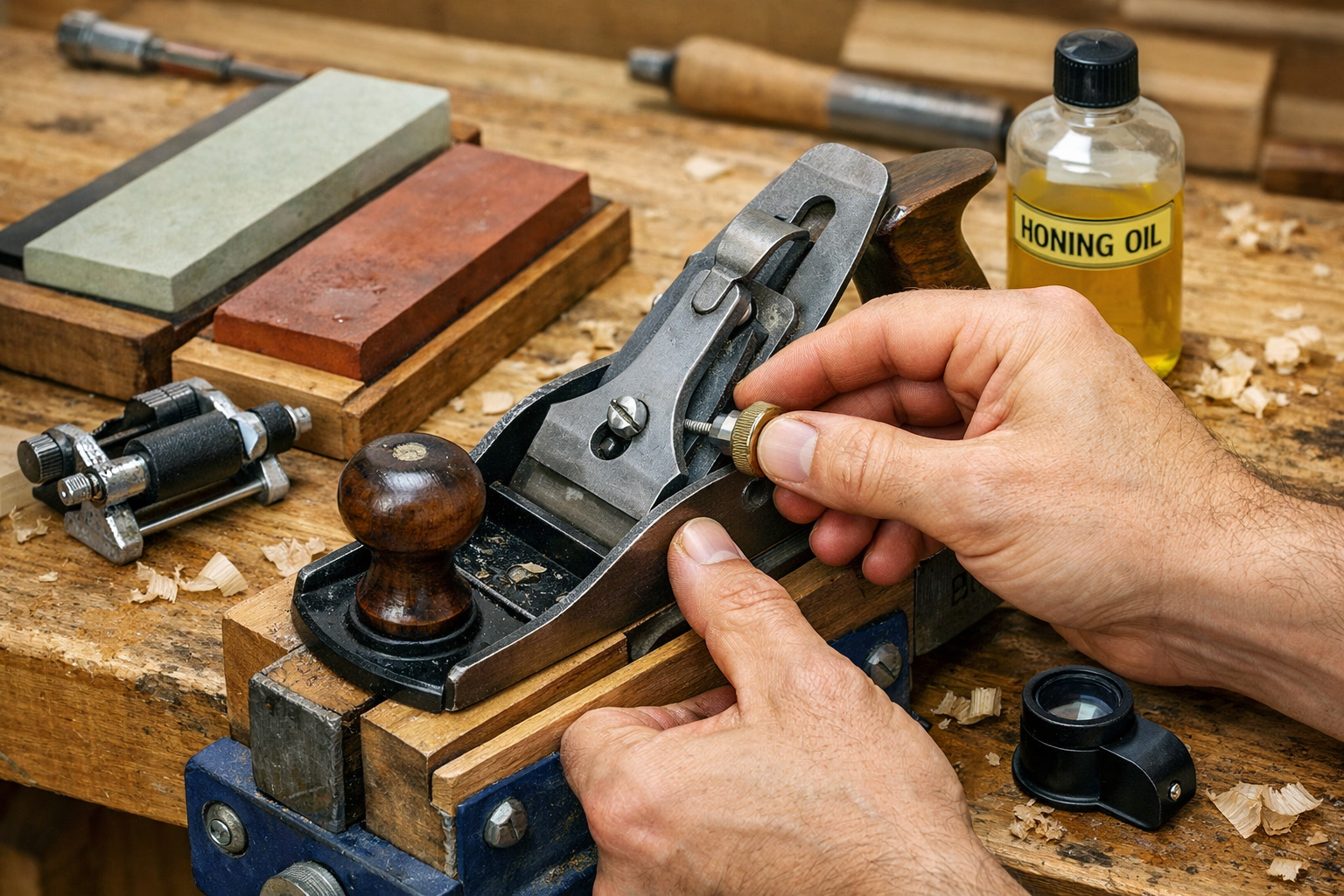 A detailed () image illustrating the tuning process of a traditional hand plane. A woodworker's hands, wearing no gloves,