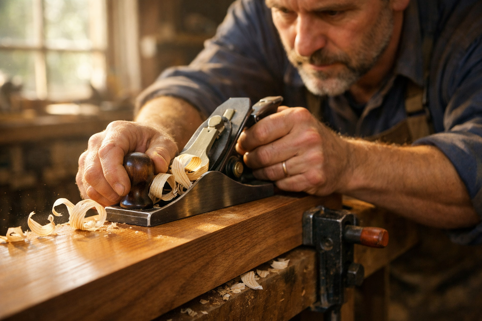 A detailed () image demonstrating the masterful use of a smoothing plane on a piece of high-grade hardwood. The woodworker,