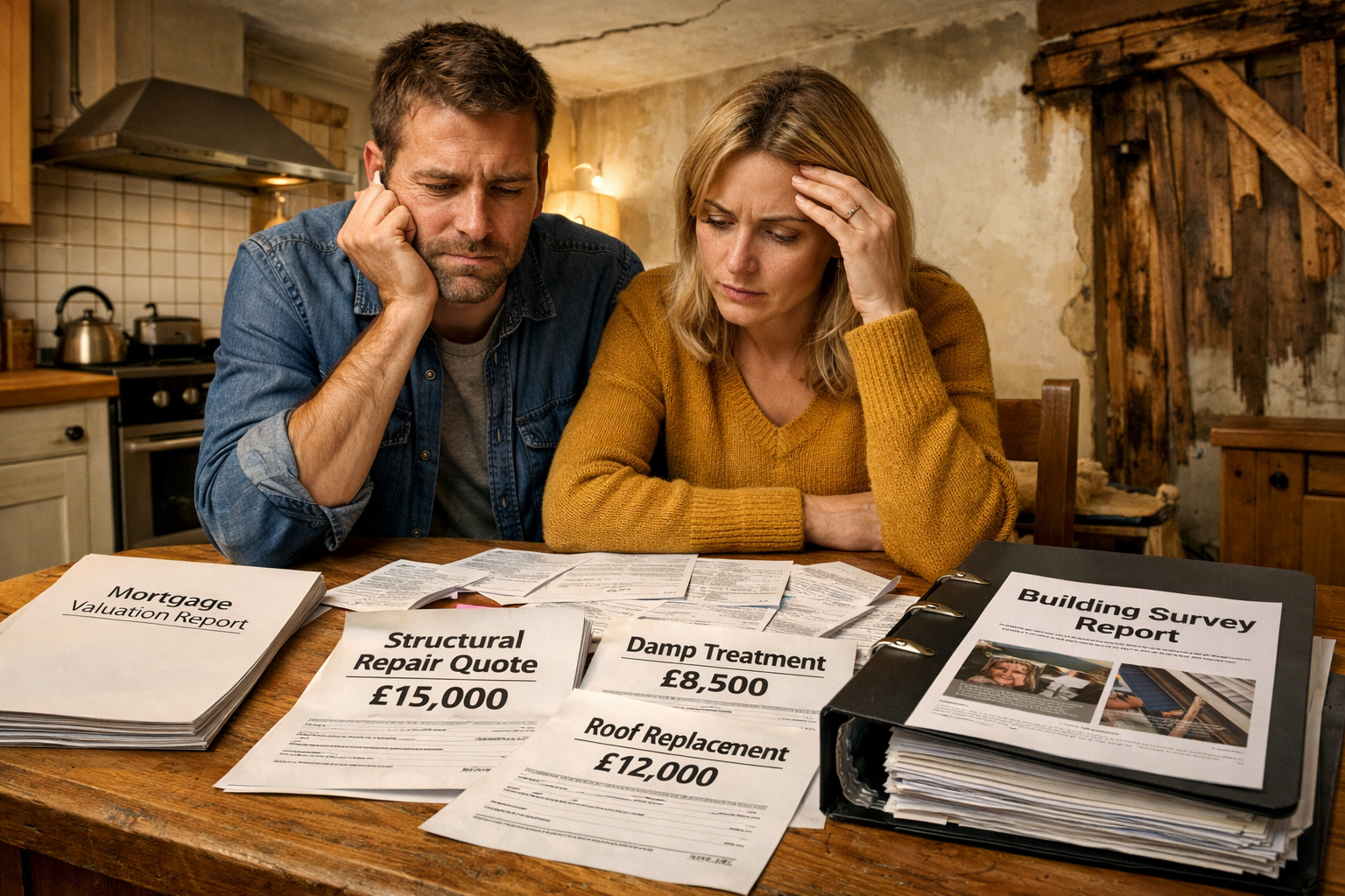 Detailed () photorealistic scene showing UK homebuyer couple sitting at kitchen table in their newly purchased Victorian