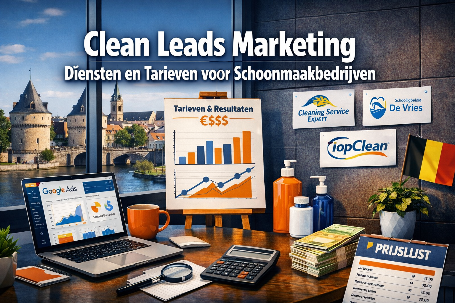 Professional landscape hero image (1536x1024) featuring bold text overlay 'Clean Leads Marketing Diensten en Tarieven voor Schoonmaakbedrijv