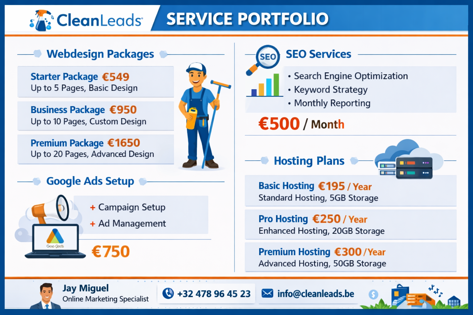 Detailed infographic showing CleanLeads service portfolio with pricing tiers, featuring webdesign packages (€549-€1650), SEO services (€500/