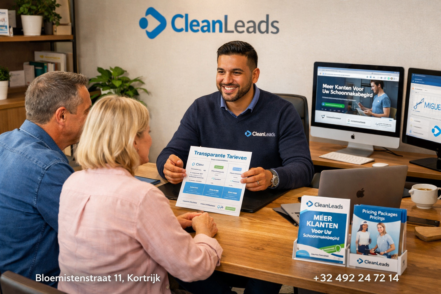 Professional consultation scene in CleanLeads Kortrijk office showing Jay Miguel meeting with cleaning company owners. Office interior with 