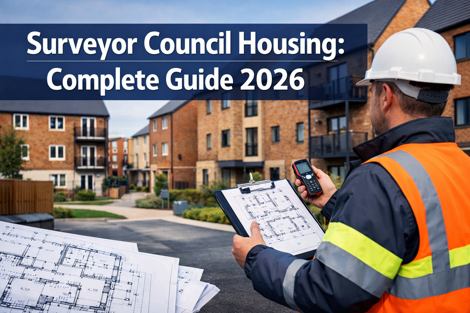 Professional landscape hero image (1536x1024) featuring bold text overlay 'Surveyor Council Housing: Complete Guide 2026' in extra large 72p