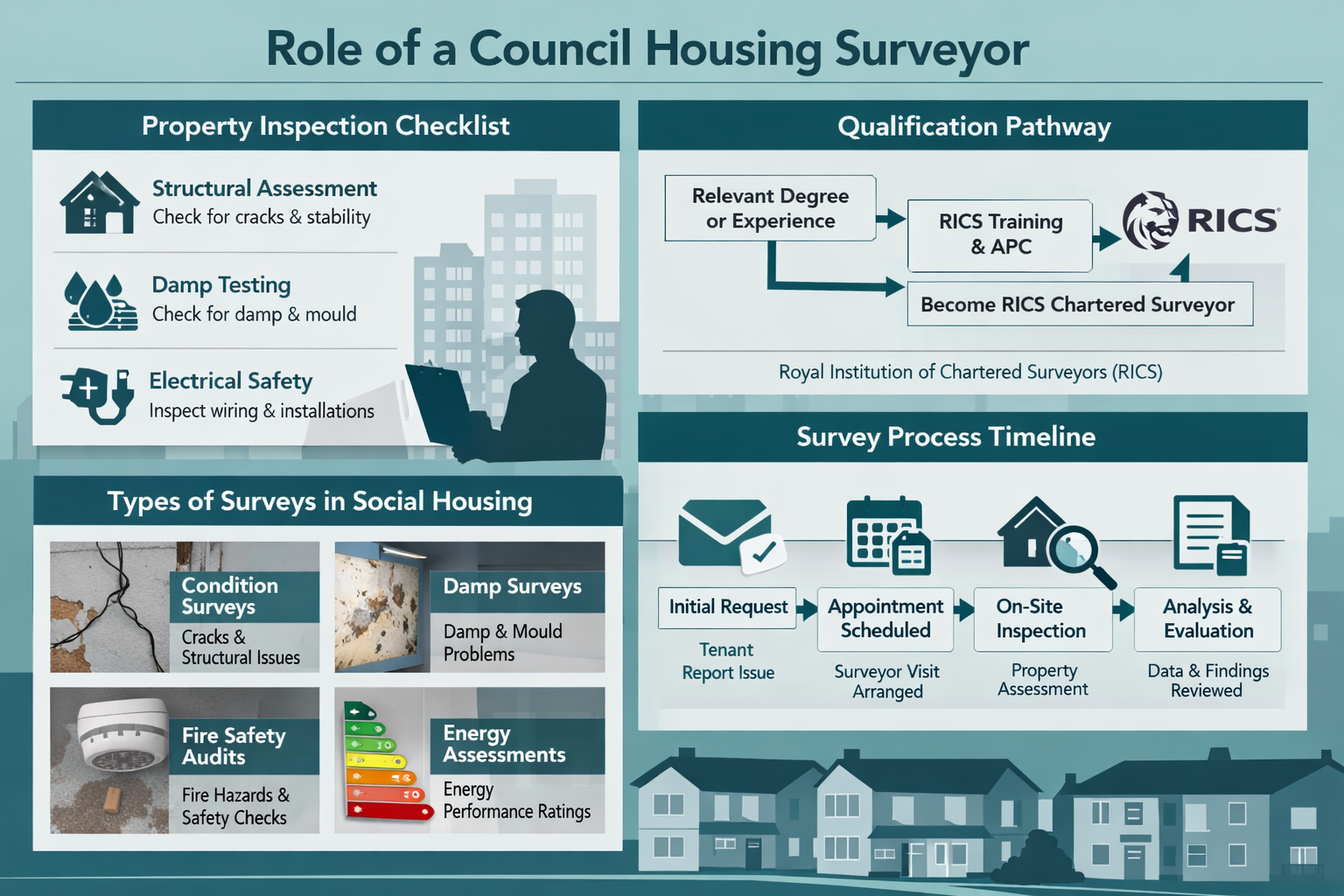 Detailed landscape infographic (1536x1024) showing the role and responsibilities of council housing surveyors with four distinct sections: p