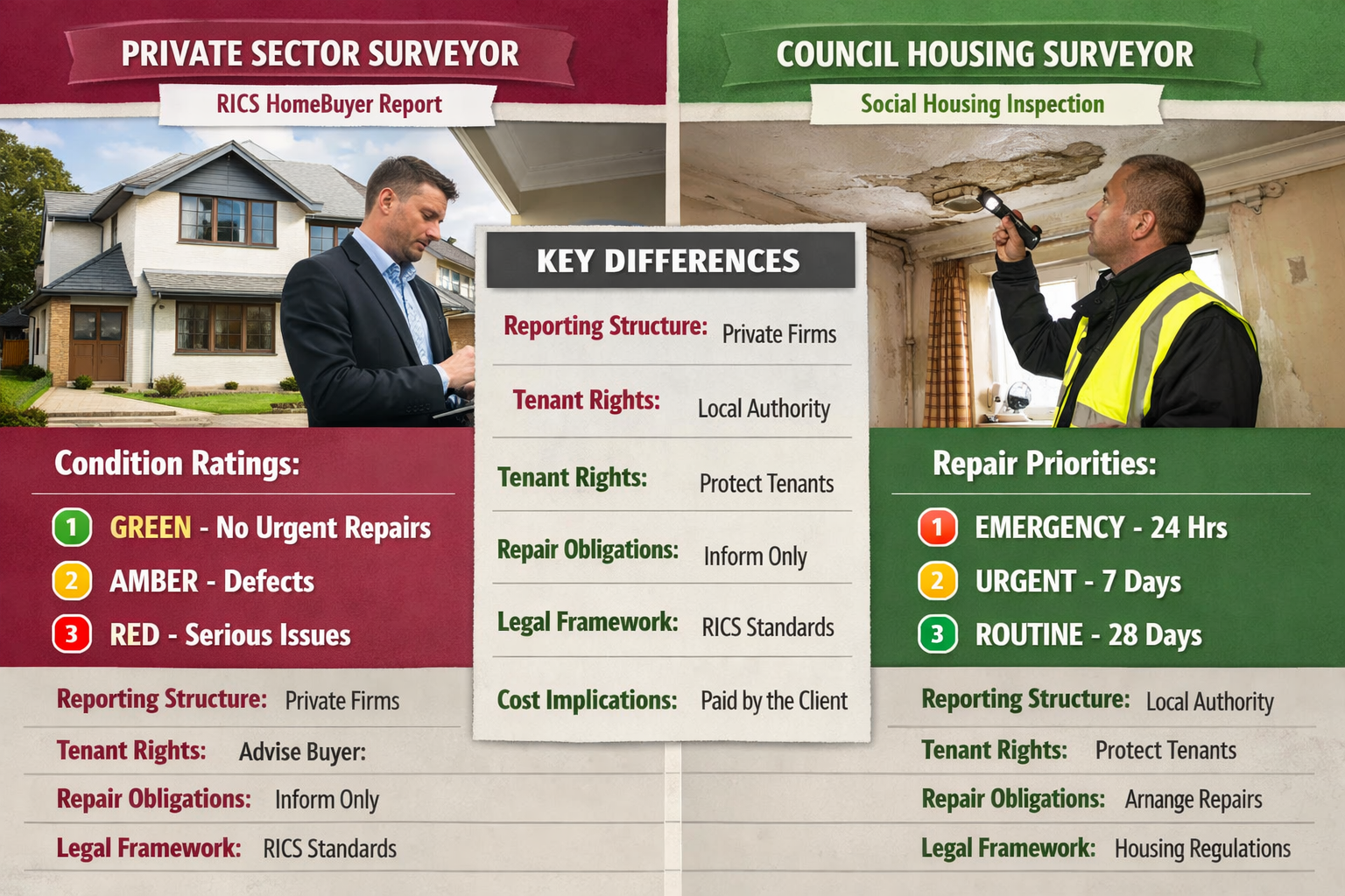 Comprehensive landscape comparison chart (1536x1024) illustrating the differences between private sector surveyors and council housing surve