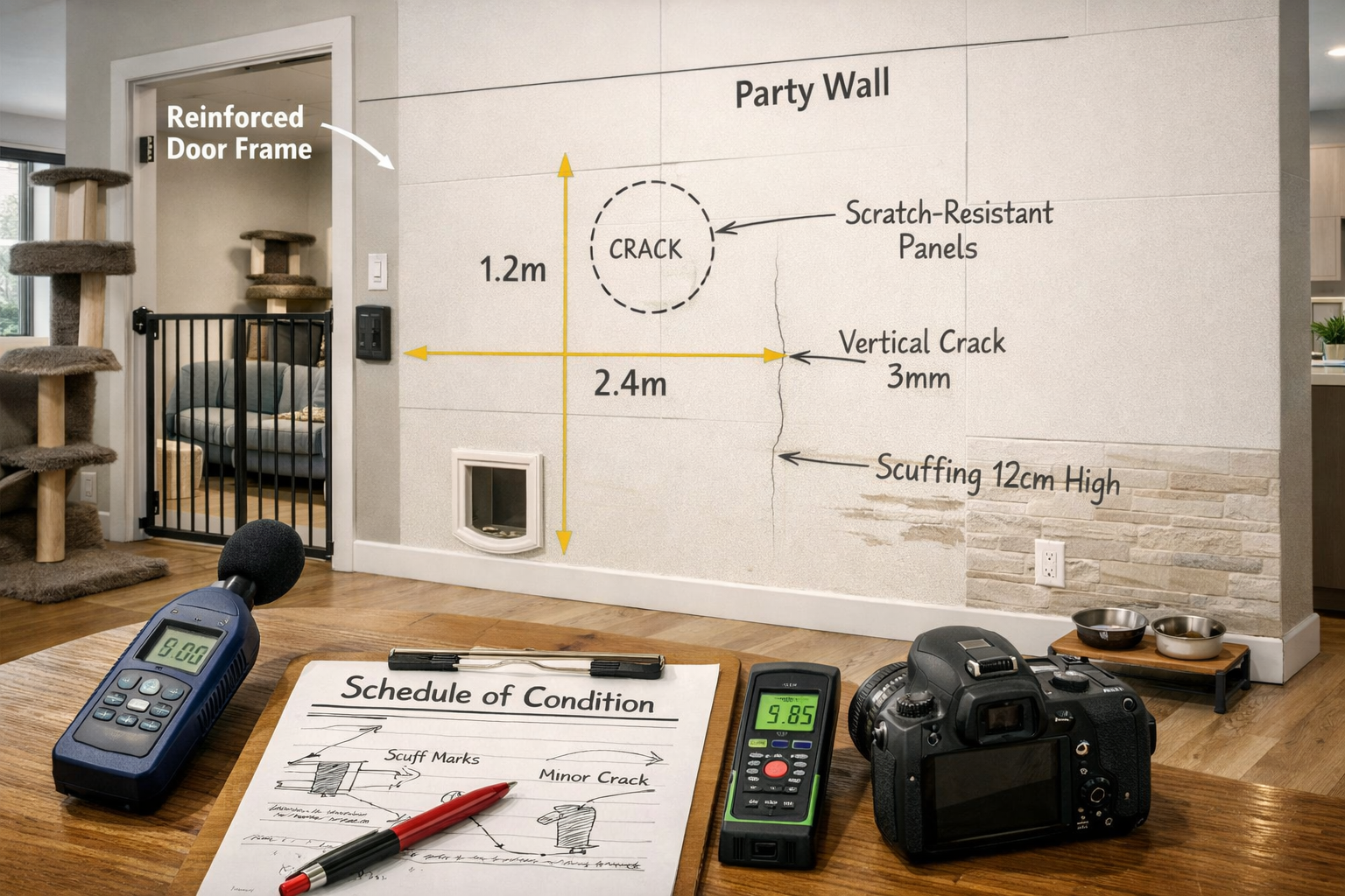 Wide-angle () interior shot of modern rental apartment showing tenant modifications requiring party wall consideration.