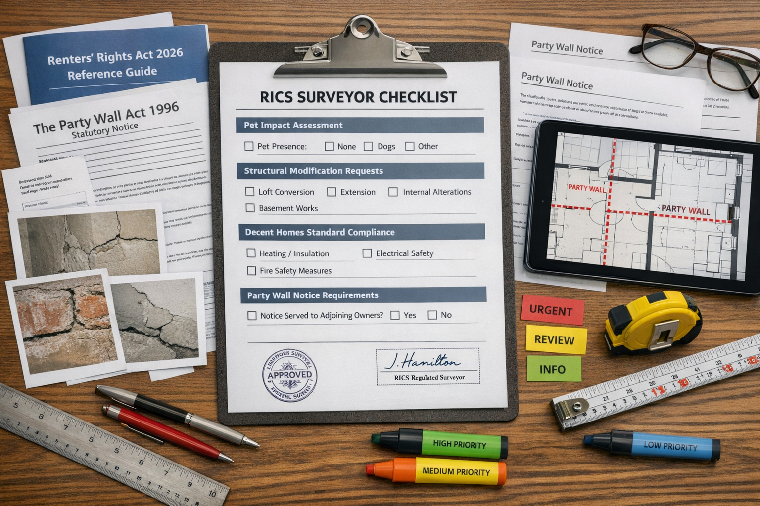 Detailed () image of comprehensive surveyor's desk workspace showing complete party wall assessment documentation spread.