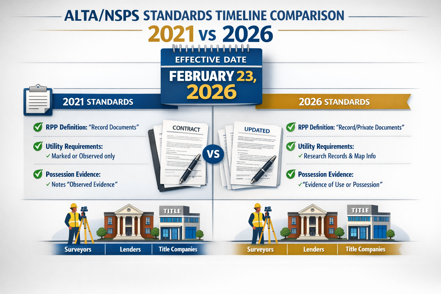 Landscape format (1536x1024) detailed infographic showing timeline comparison between 2021 and 2026 ALTA/NSPS standards with February 23, 20