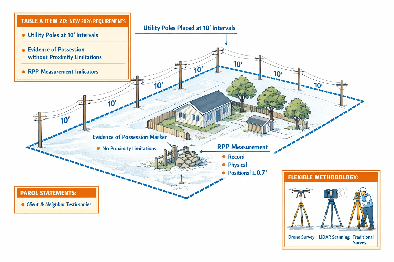 Landscape format (1536x1024) technical illustration showing property boundary survey diagram with detailed callouts for new 2026 requirement