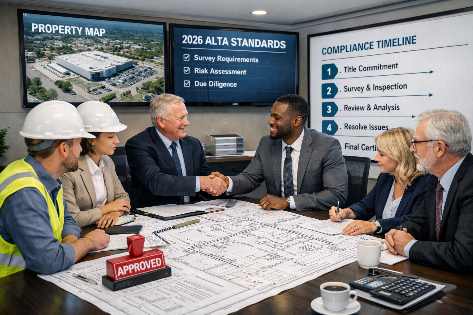 Landscape format (1536x1024) professional business scene showing commercial real estate transaction meeting with surveyors, lenders, and CRE