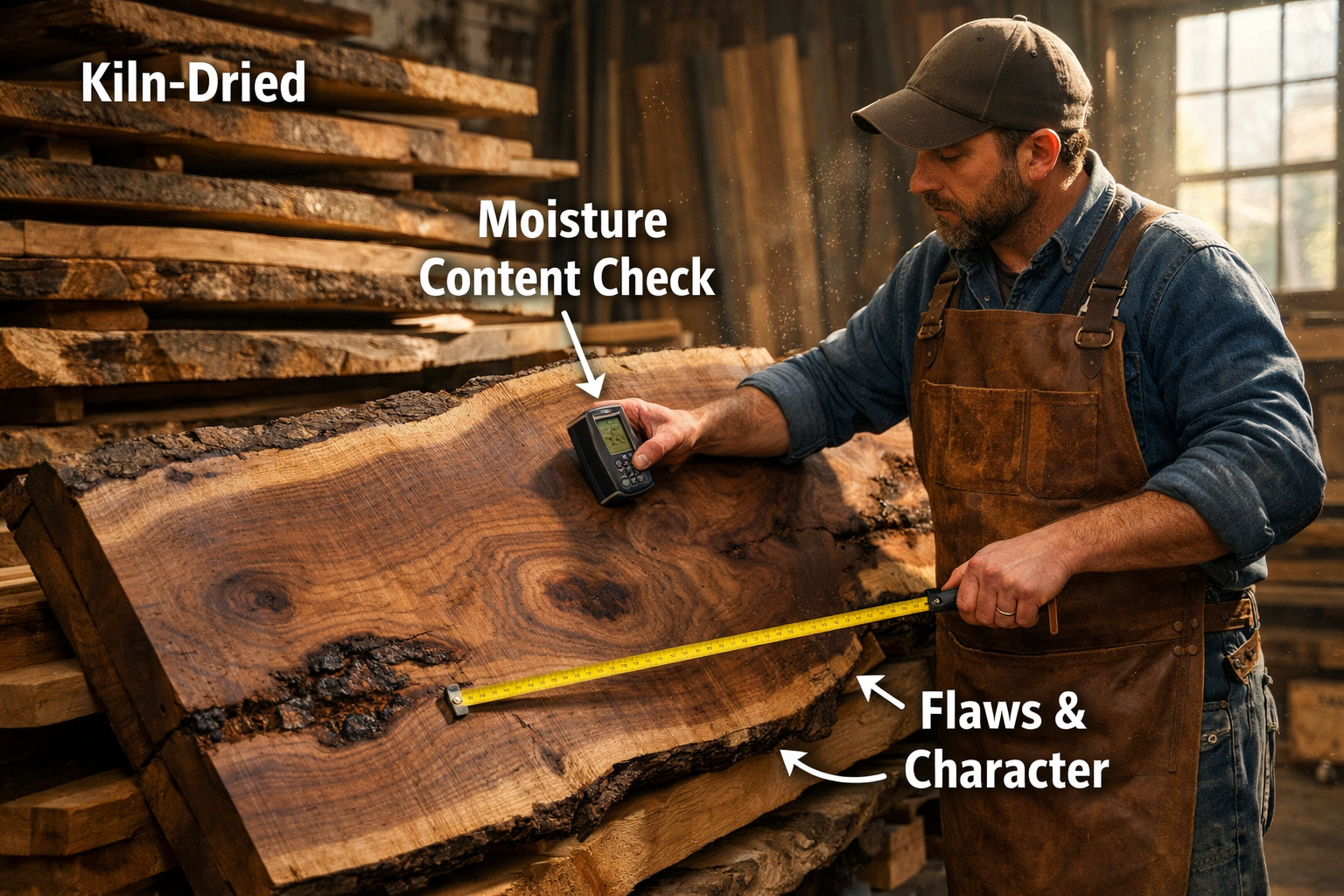 () image focusing on the meticulous process of selecting a live edge wood slab. A skilled woodworker, wearing a leather