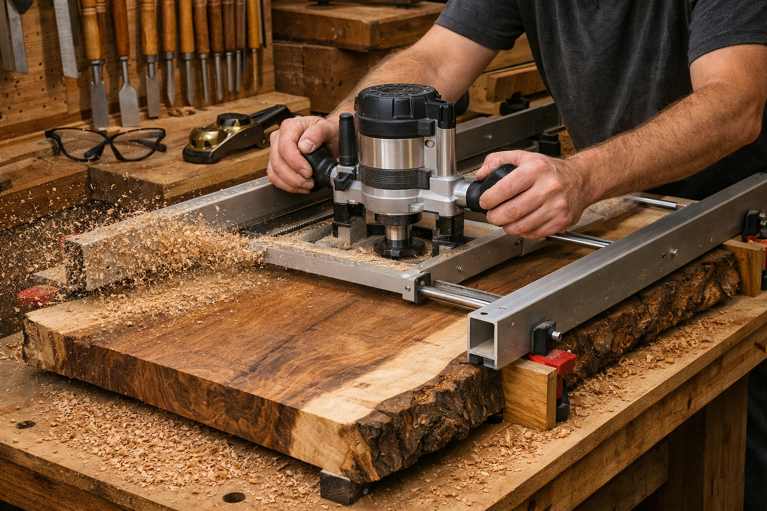 () image illustrating the flattening and preparation of a live edge slab. A wide, thick live edge slab is clamped securely