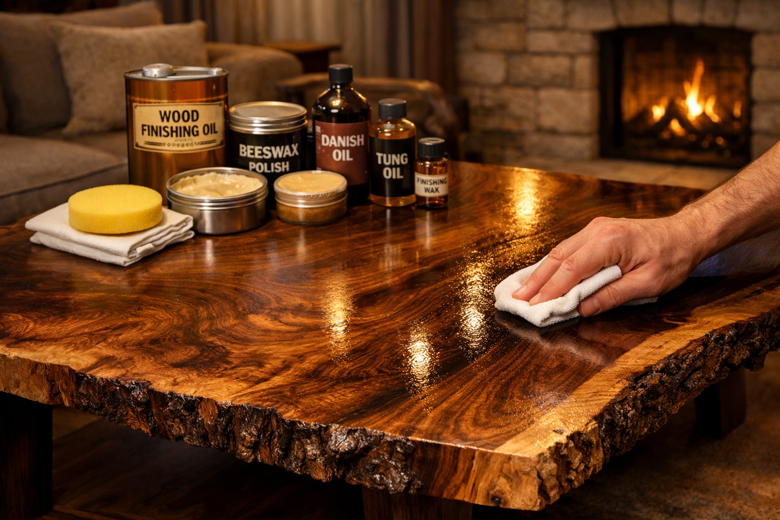 () image showcasing the final finishing techniques for a live edge coffee table. A beautifully finished live edge coffee