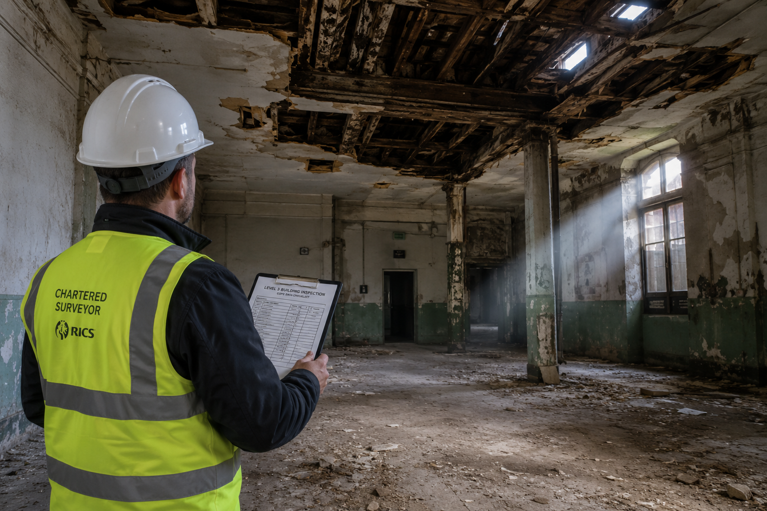 Wide-angle interior shot of a chartered surveyor in hard hat and hi-vis vest conducting a Level 3 building inspection inside