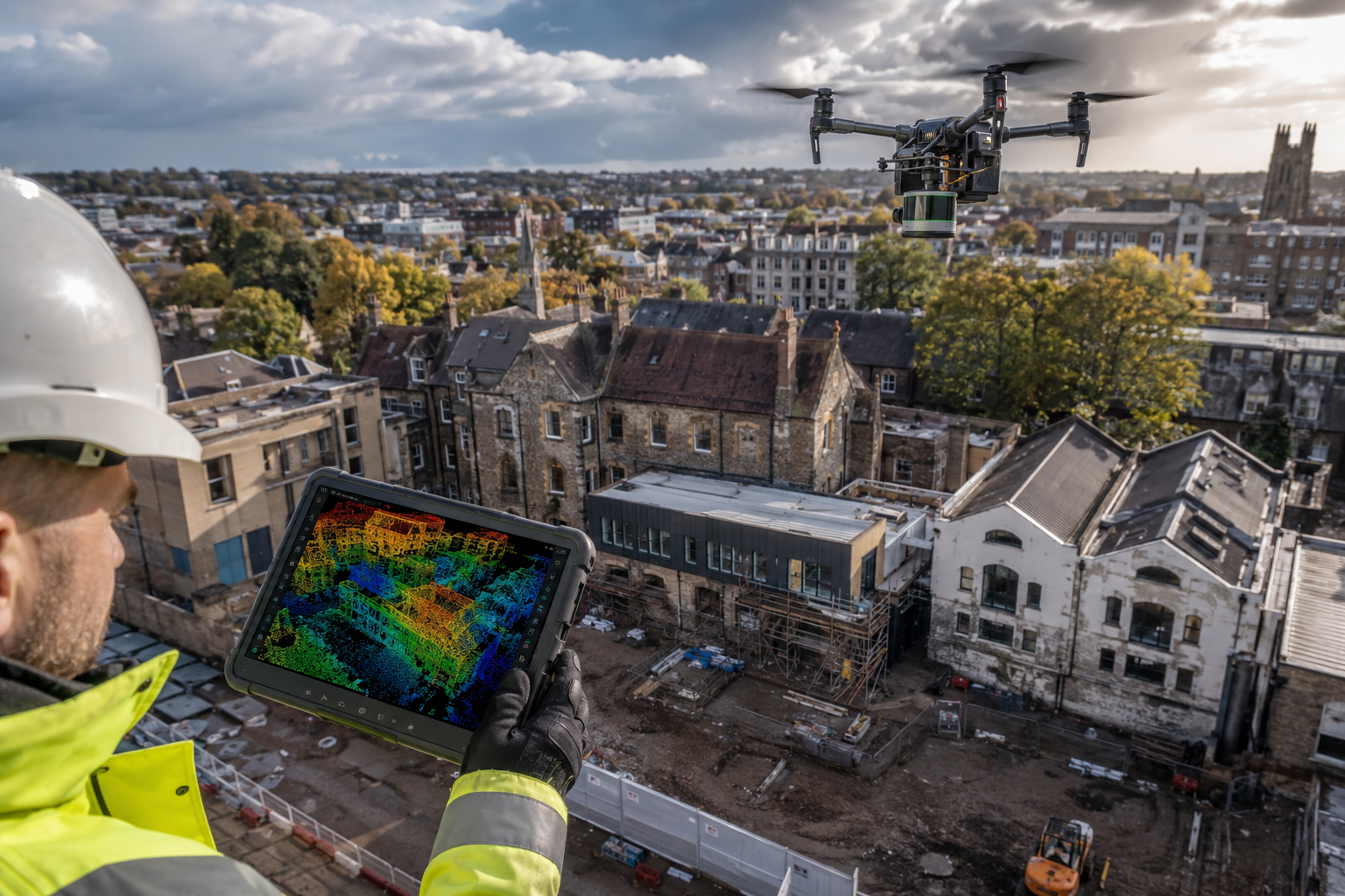 Aerial bird's-eye () showing a UAV drone with LiDAR sensor payload flying over a complex mixed-use property development site