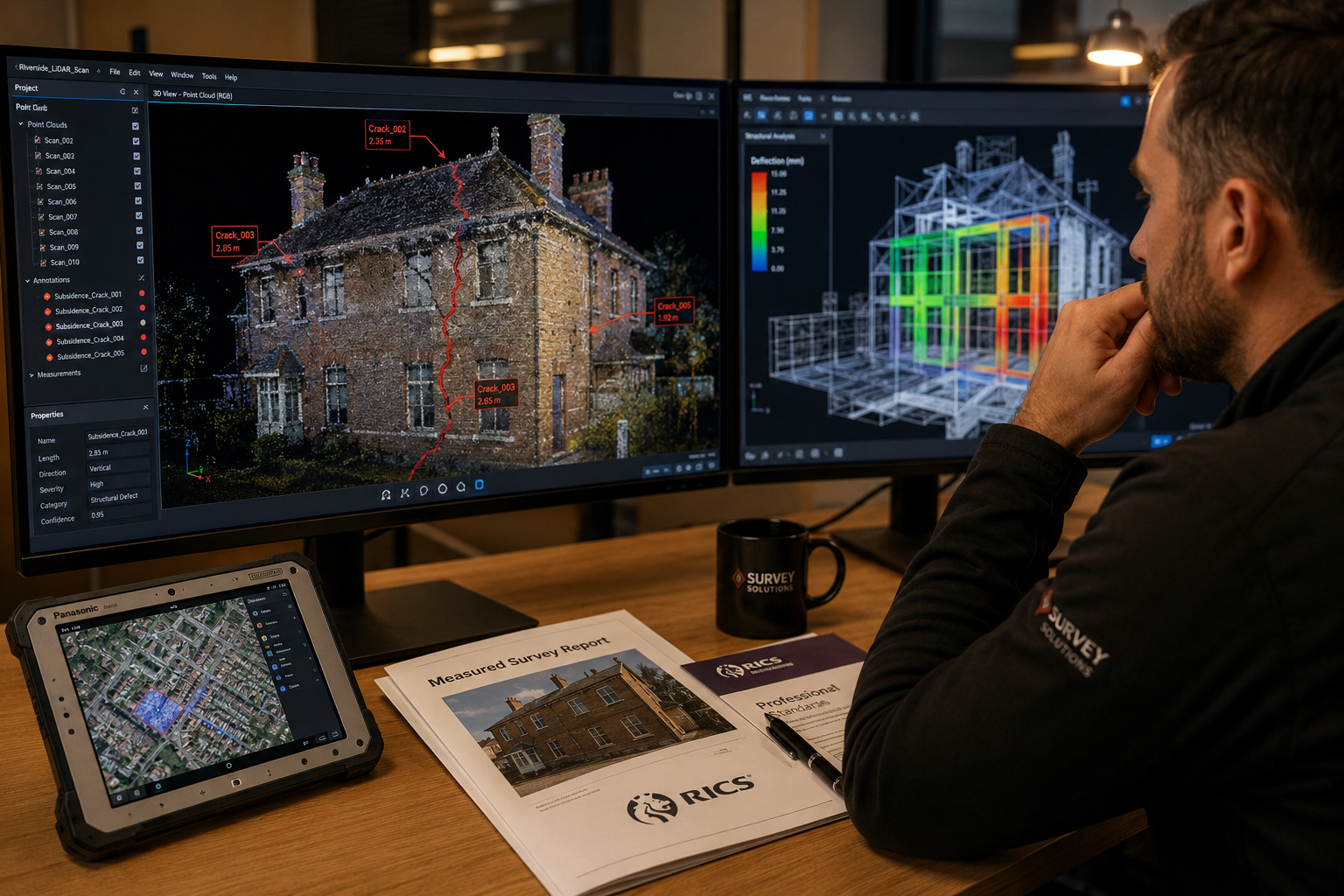 Close-up () showing a surveyor at a desk in a modern office reviewing a highly detailed BIM model derived from LiDAR scan