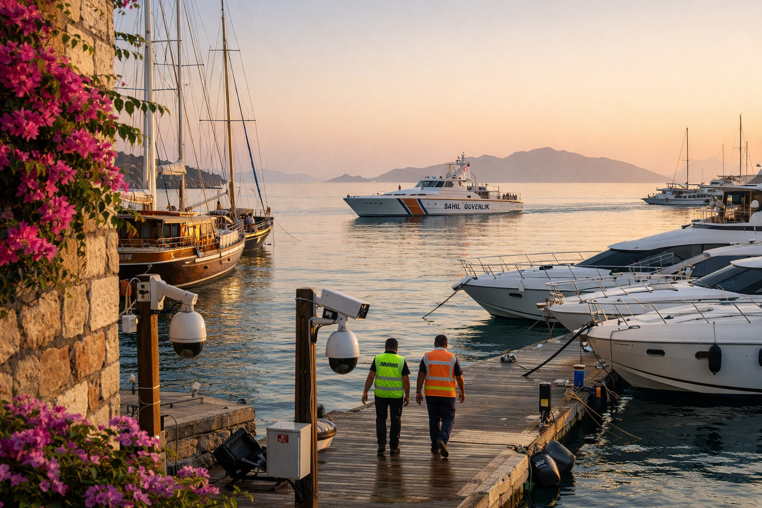 () editorial photograph showing Bodrum marina at dawn with moored sailing gulets and modern yachts, Turkish coast guard