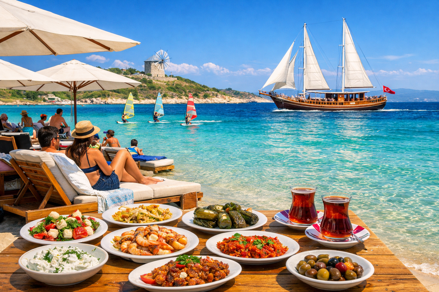 () vibrant editorial photograph of a lively &Ccedil;eşme beach club scene at midday, families and couples on sunbeds under white