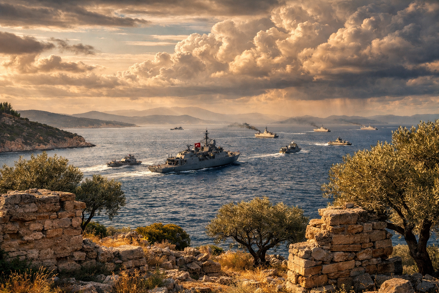() dramatic wide-angle photograph of Turkish Navy frigates and patrol boats conducting Blue Homeland exercises in open