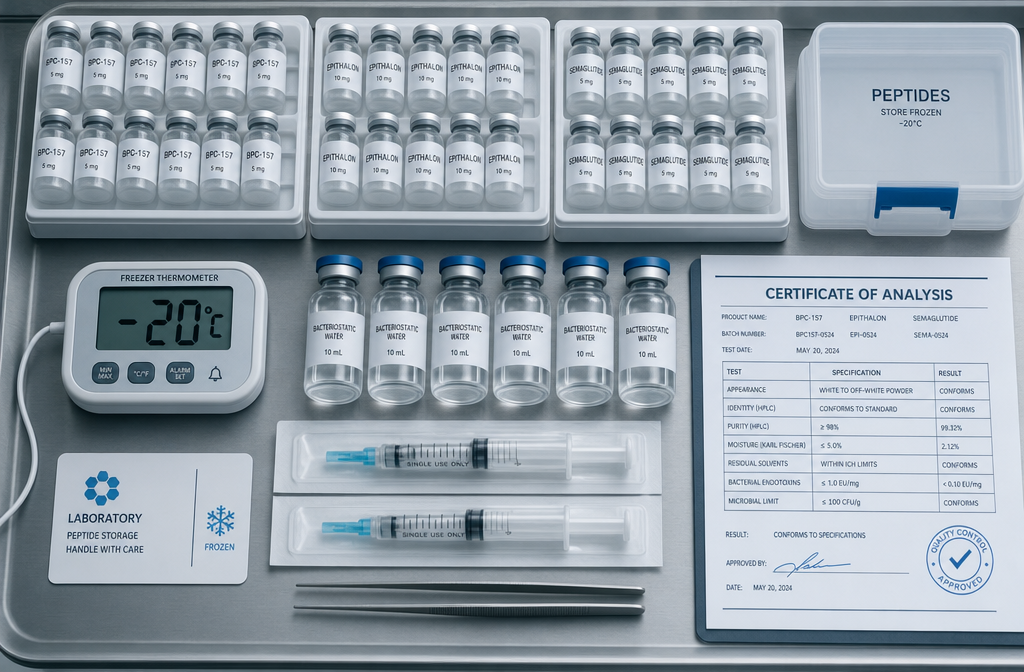 Detailed () showing a top-down flat-lay of a laboratory bench with organised peptide storage: frosted glass vials labelled
