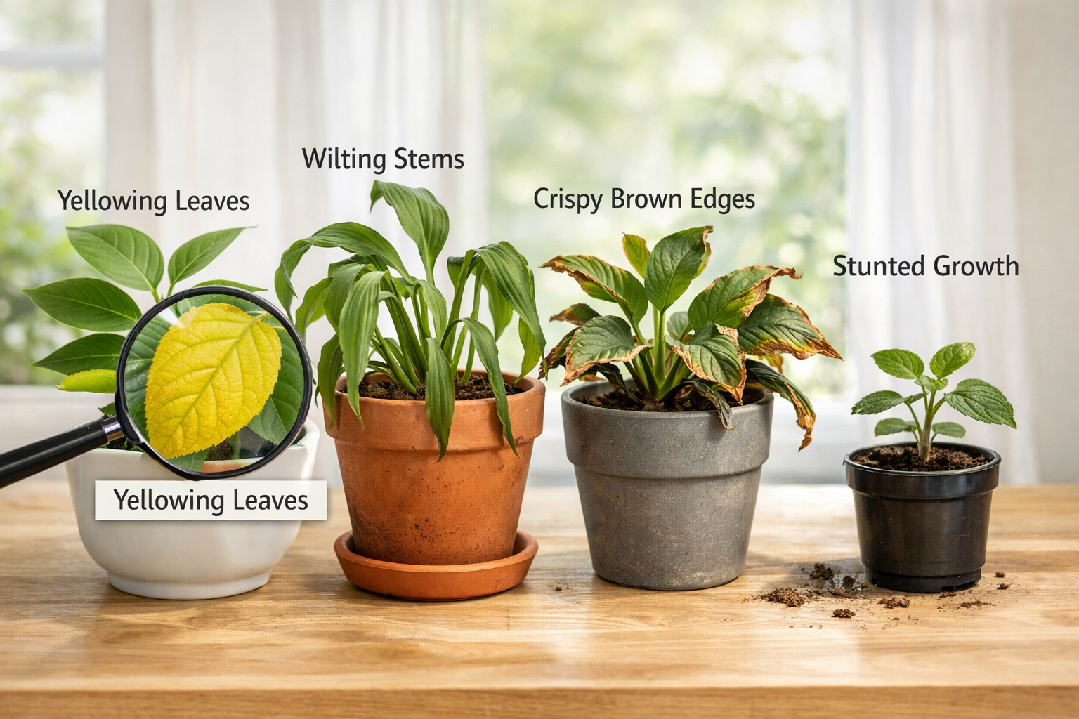 Detailed () image illustrating common signs of distress in houseplants, such as yellowing leaves, wilting stems, crispy