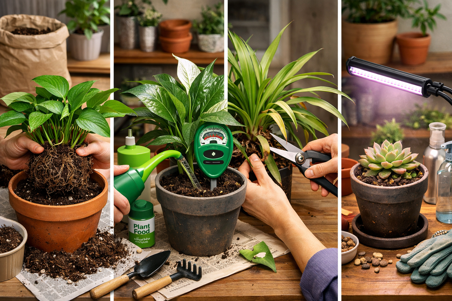 Detailed () image showcasing a set of practical revival techniques being applied to different struggling houseplants. One